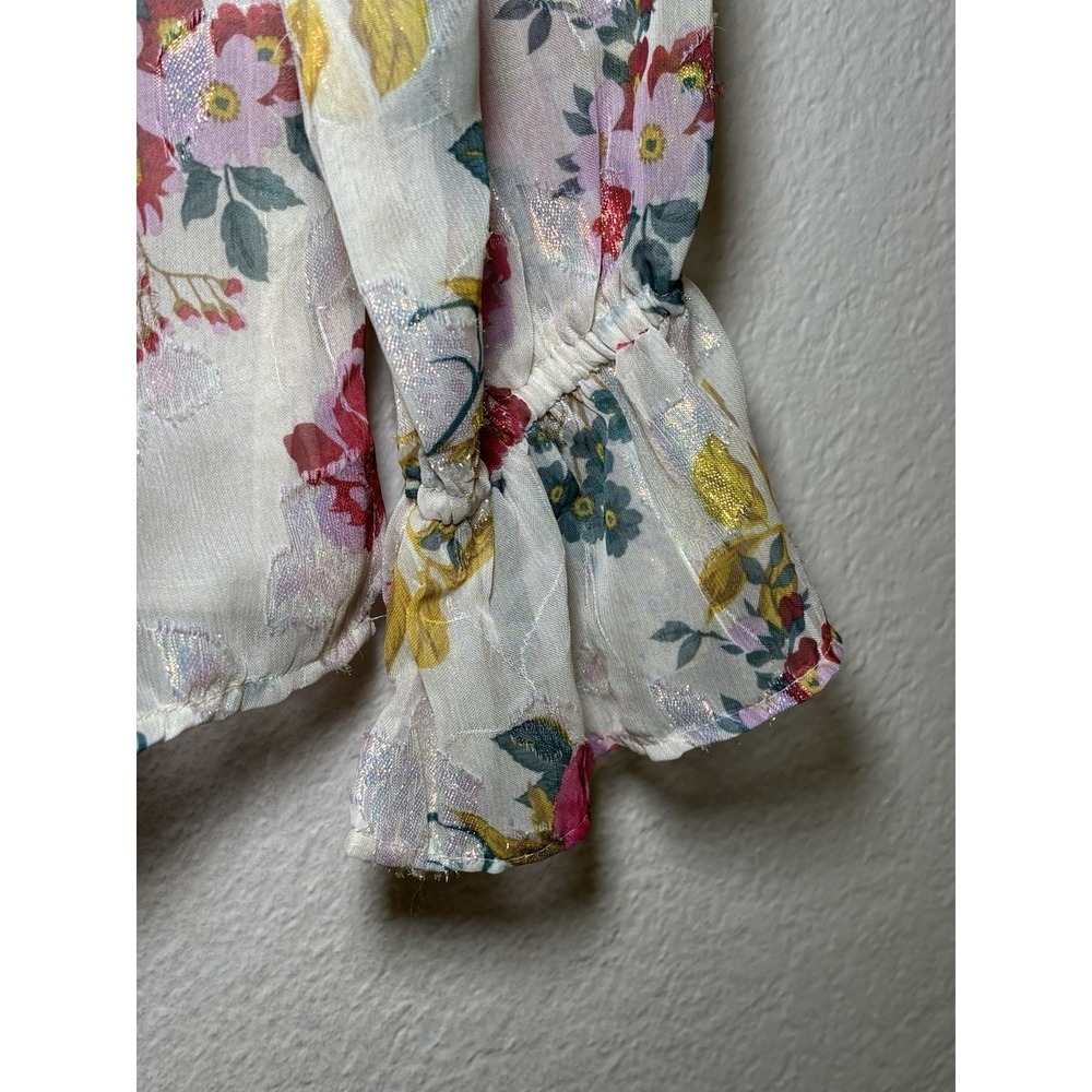 LOFT Floral Sheer Metallic Blouse Small Ivory Pink Long Sleeve - Picture 3 of 9